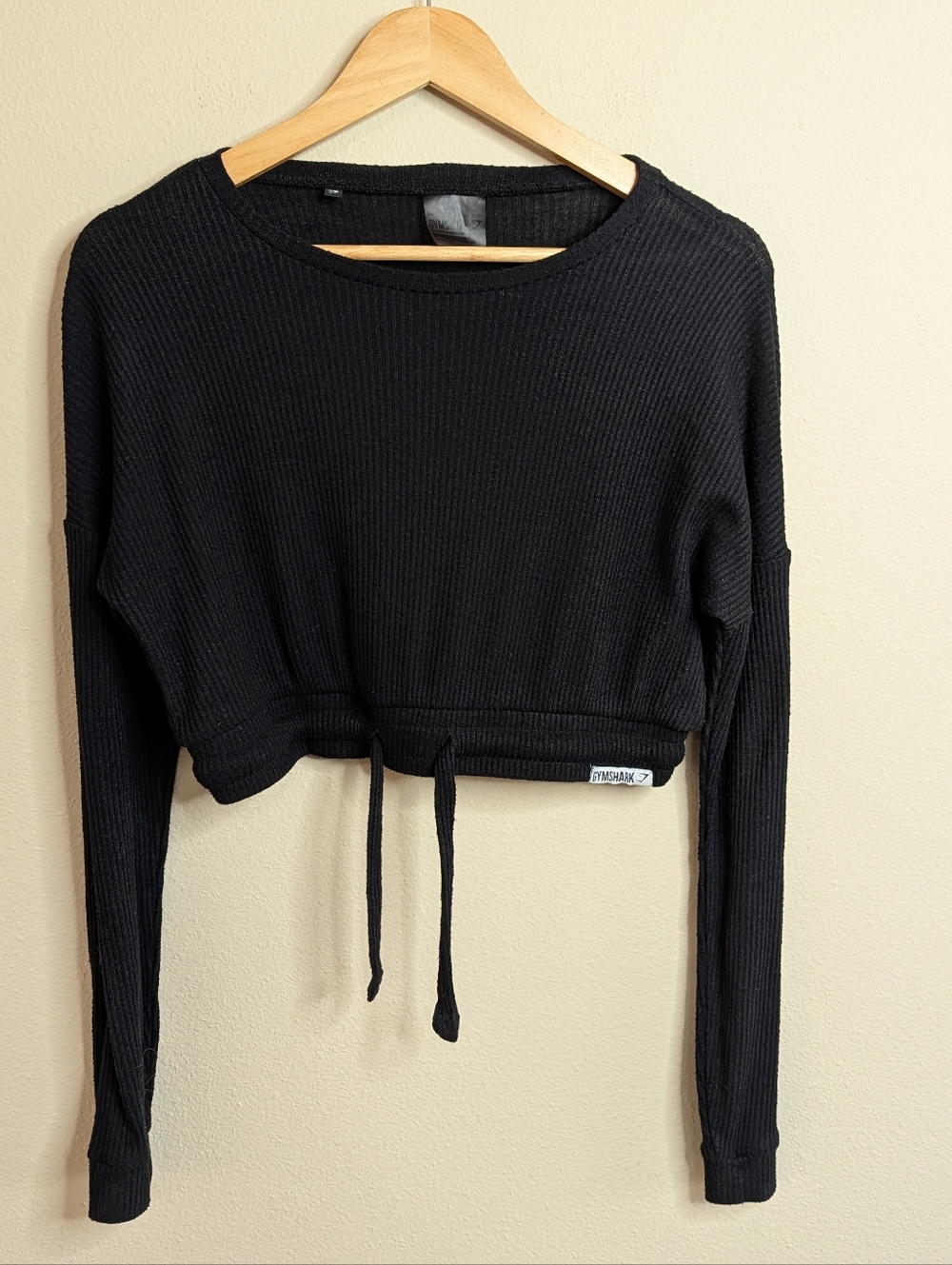 Gymshark Ribbed Crop Top S Black Long Sleeve Drawstring Hem Athletic